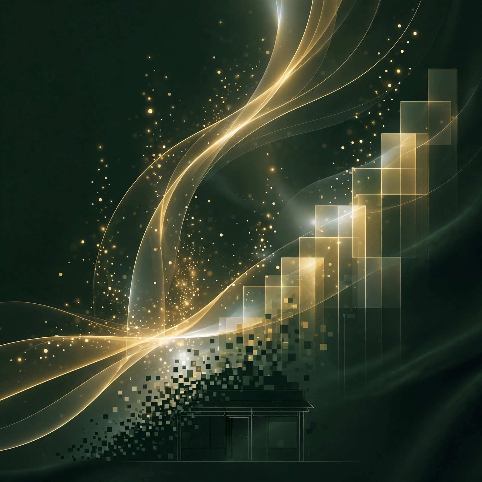 A small business storefront dissolving into pixels and rising as golden digital growth