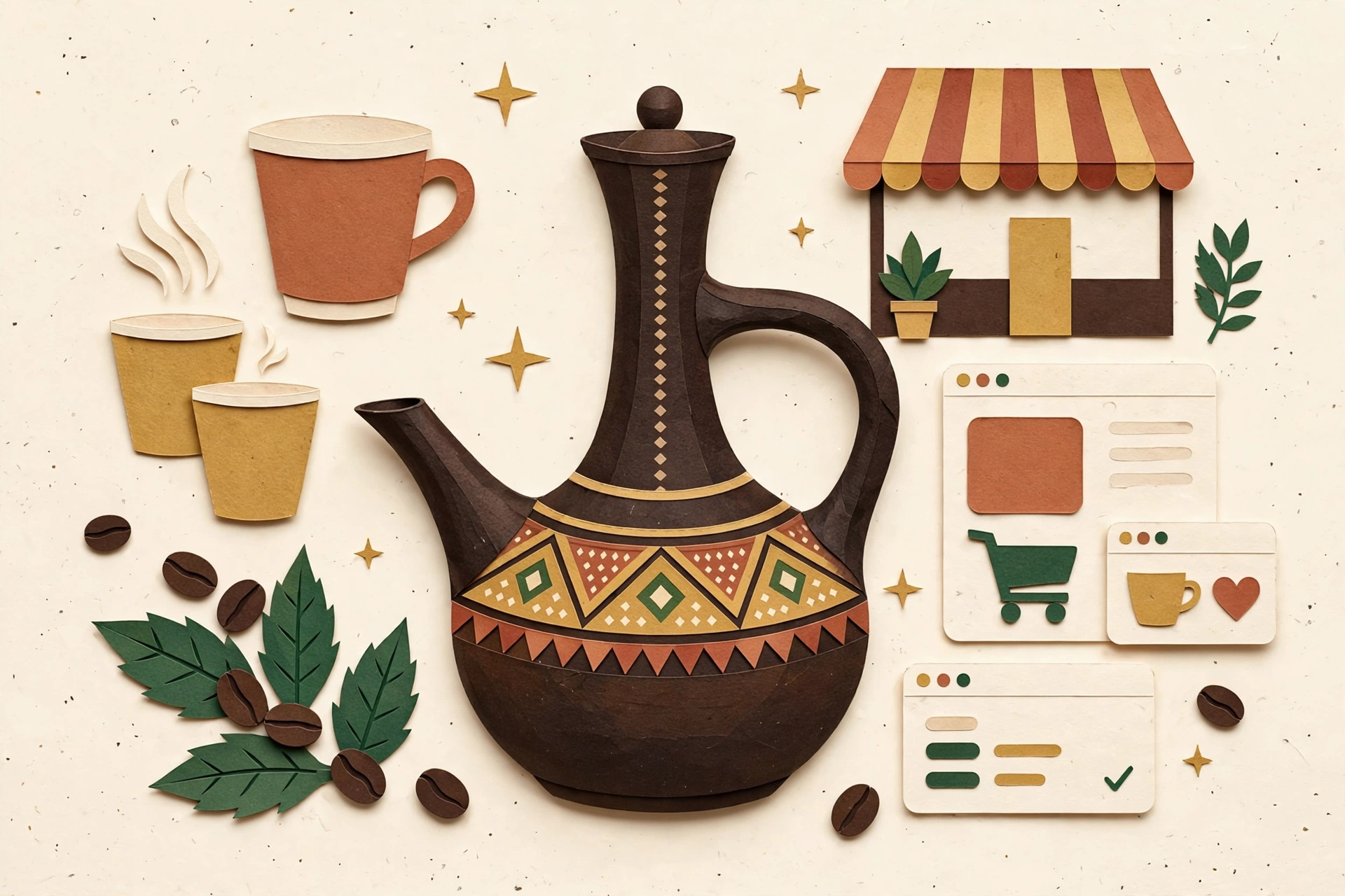 Cut-paper illustration of a jebena coffee pot with coffee cups, beans and shopping interface cards, representing the Here and There Coffee store