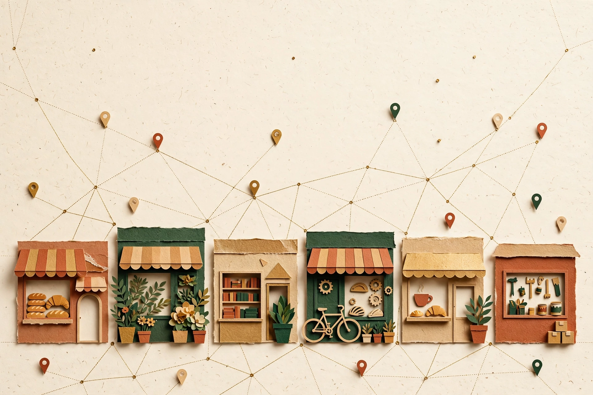 Cut-paper illustration of neighborhood storefronts connected by a network of lines and map pins, representing the With Habesha business directory